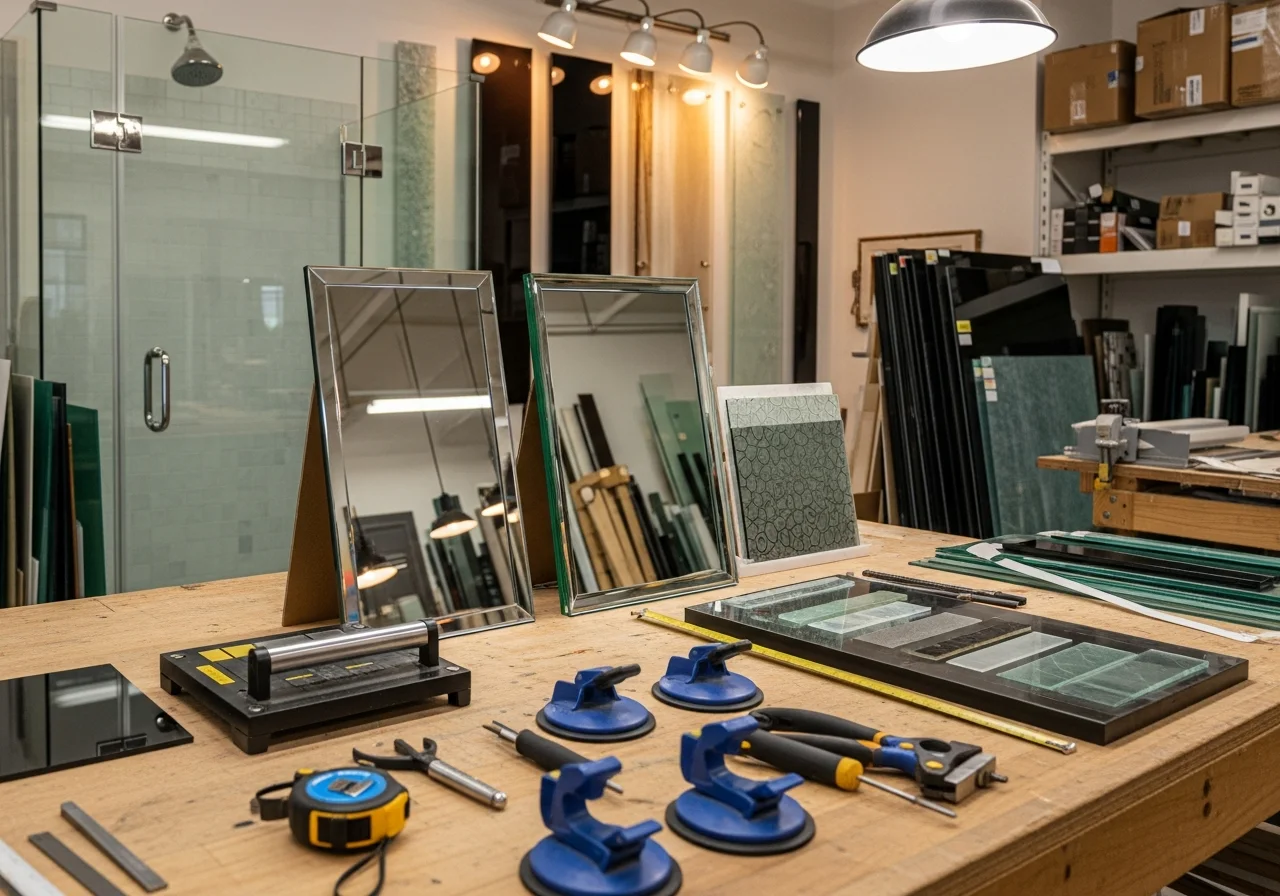 Glass shop workspace with custom glass projects, tools, and finished pieces on display showcasing residential and commercial glass work.