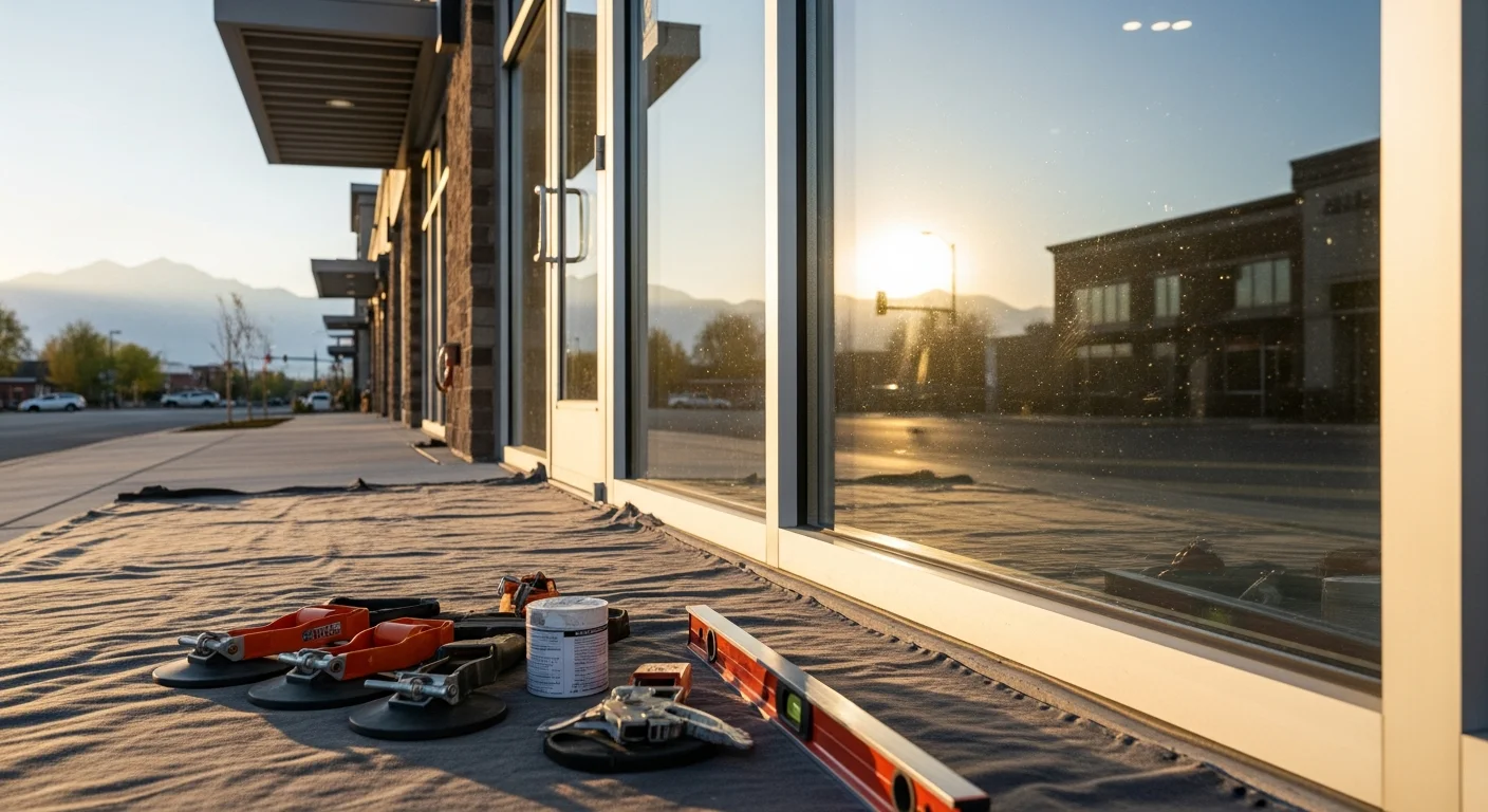 Modern commercial storefront with large glass panels and aluminum framing