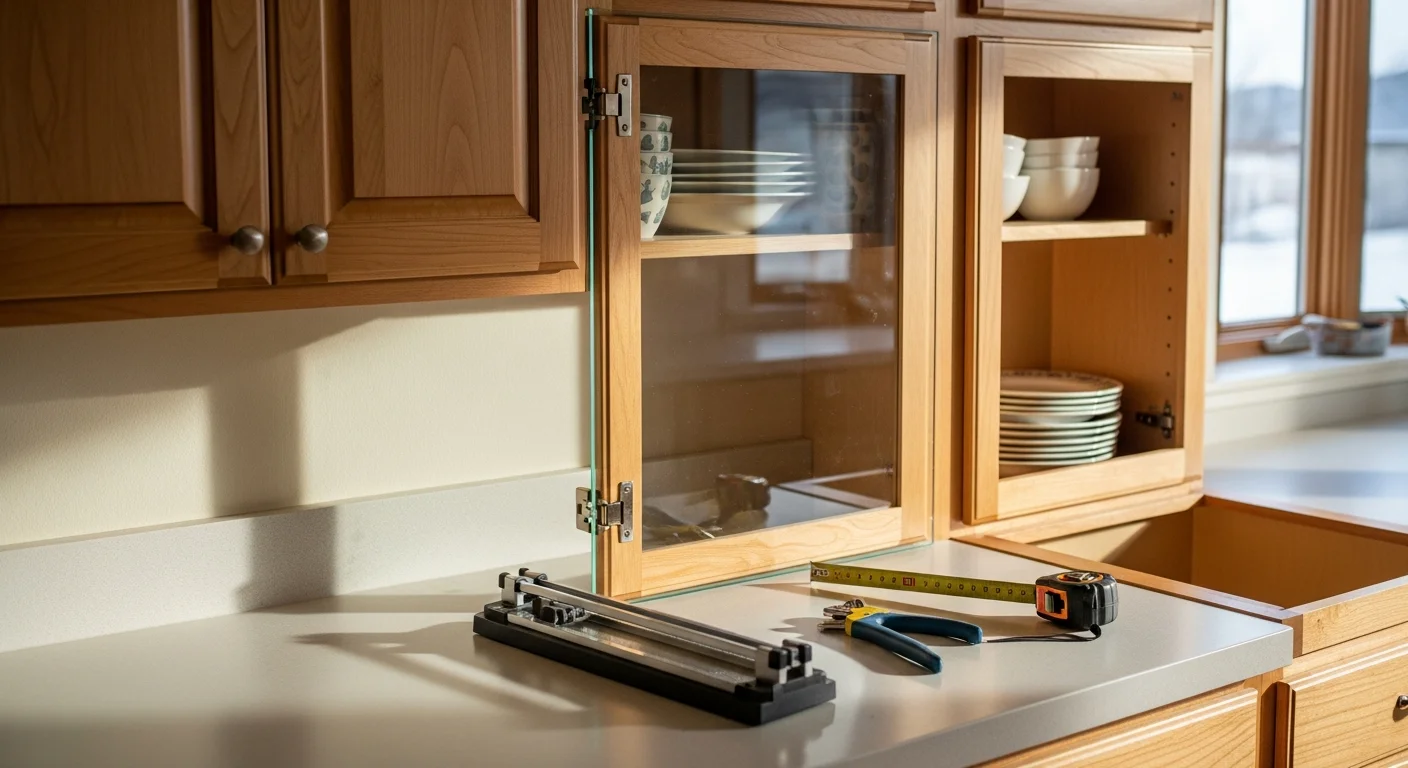 Custom frosted glass panels installed in white upper kitchen cabinet doors inside a Utah County home. The glass inserts are flush with the door frames, with interior cabinet shelving visible through the clear center sections.