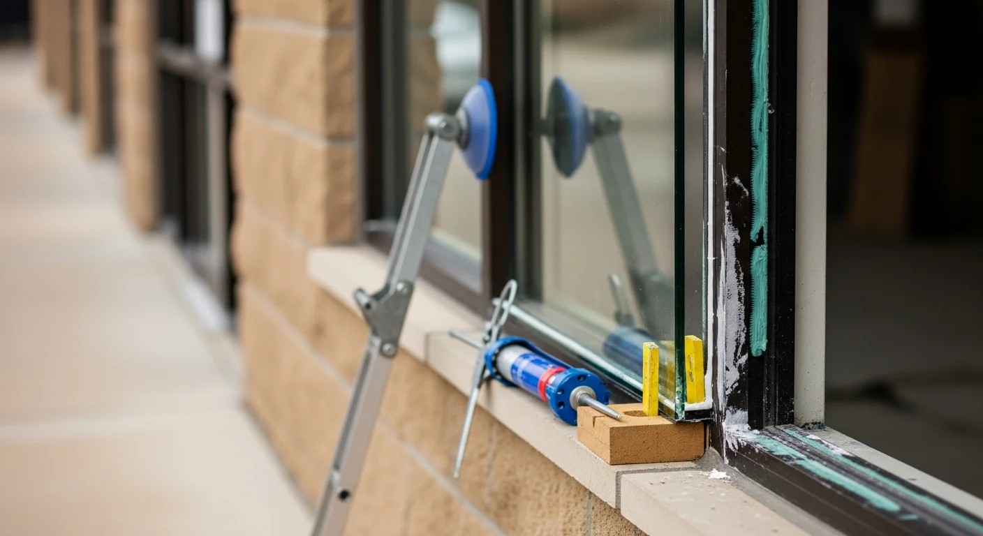 A repaired commercial storefront glass panel on a Utah County retail building, showing clear, uncracked glazing in an aluminum frame. The exterior view reflects a clean, professional appearance typical of business properties in the area.