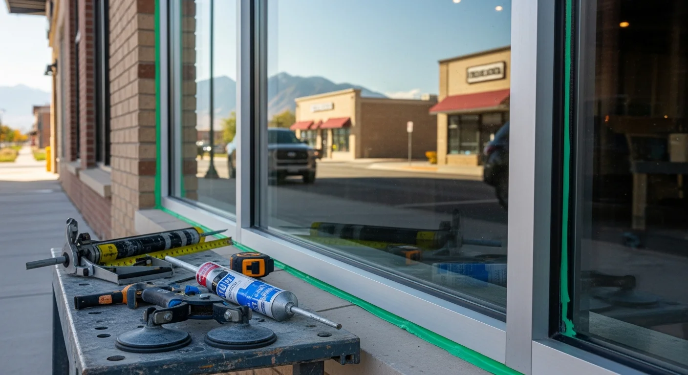 A commercial storefront in Utah County with freshly installed clear glass panels replacing previously cracked or damaged panes. The building exterior shows a clean, unobstructed glass facade typical of retail and office properties in the Provo and Orem area.