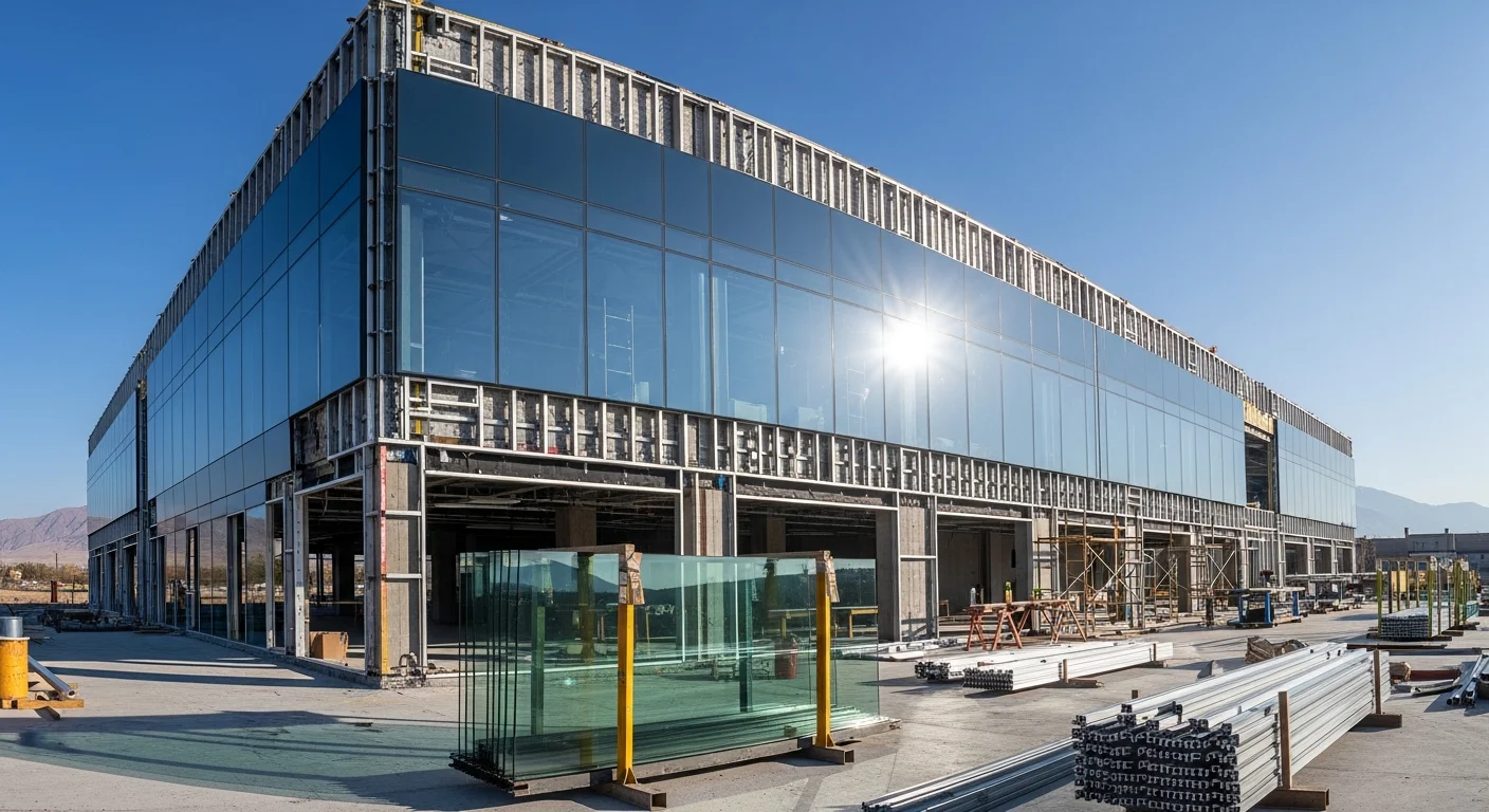 Completed glass curtain wall installation on a multi-story commercial building in Utah County, showing a floor-to-ceiling aluminum-framed glass facade reflecting the surrounding mountain landscape. Close view of sealed panel joints and structural anchoring points along the building exterior.