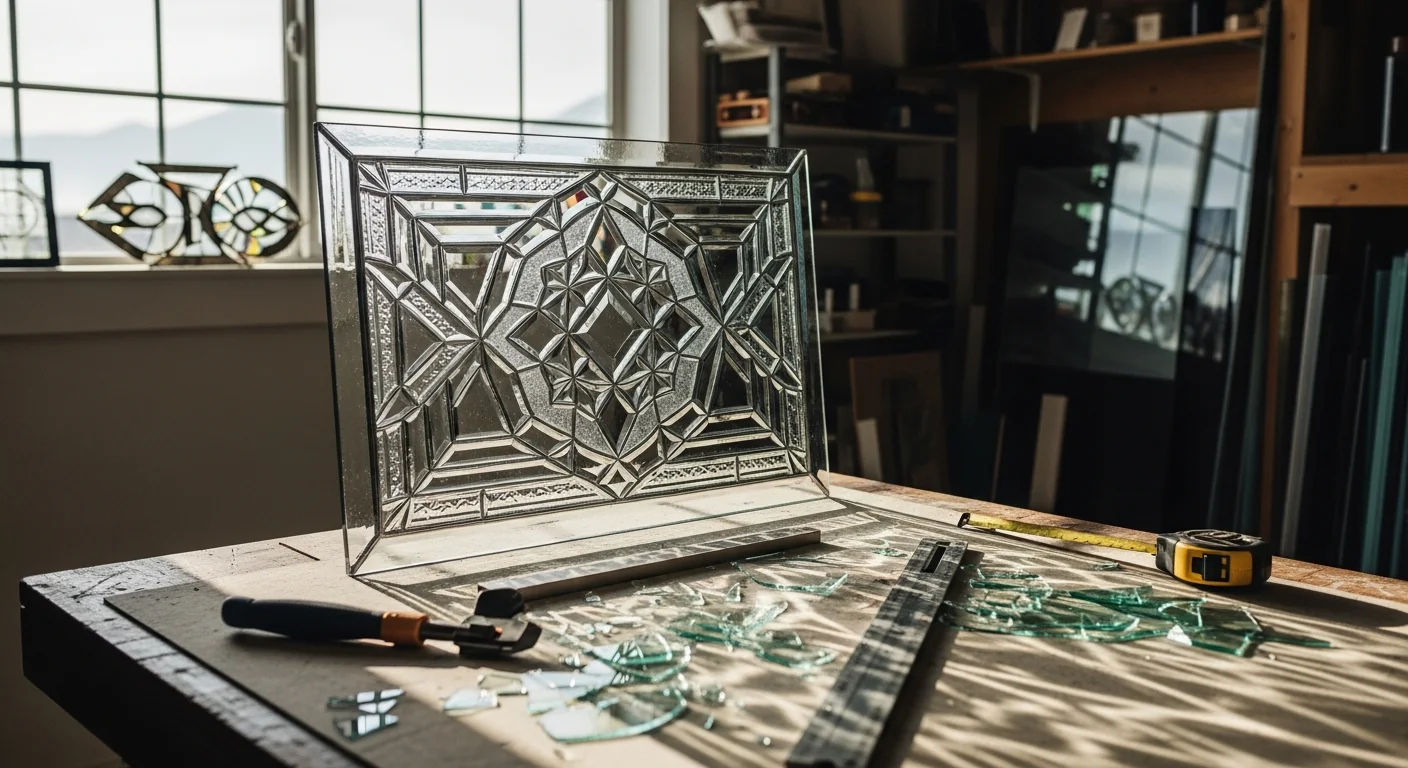 A custom art glass panel installed in a residential entry door in Utah County, showing a handcrafted geometric design with layered colors and clean lead lines. The glass filters natural light into the entryway while providing privacy from the street.
