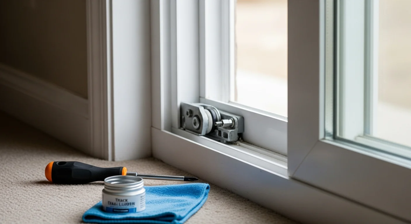 A repaired residential glass door with a clear, unfogged pane and smooth-operating track in a Utah County home. The door frame is properly aligned and the lock hardware is fully engaged.