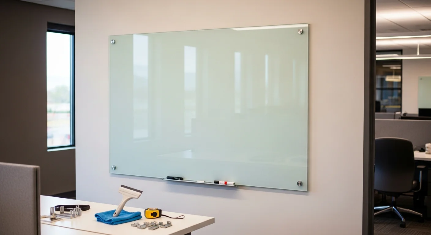 A large custom glass marker board mounted flush on a white office wall inside a Utah County corporate conference room. The tempered glass surface is clear and unmarked, with polished standoff hardware visible at each corner.