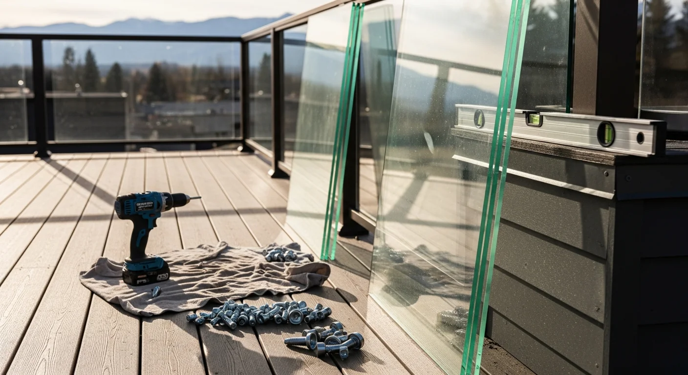 Installed frameless glass railing panels along a residential deck in Utah County, showing clear panels secured with metal hardware against a backdrop of mountain foothills. Close-up view of the base channel mount and tempered glass panel edge on an exterior staircase railing at a Utah County home.