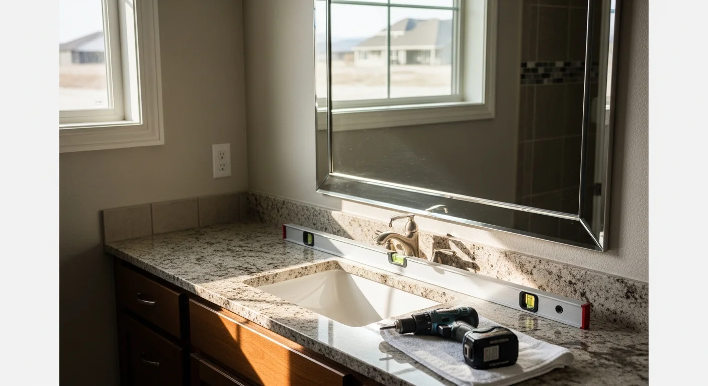 A frameless wall mirror freshly installed above a bathroom vanity in a Utah County home, level and flush against a tiled wall. The mirror reflects natural light from a nearby window, showing clean edges and secure mounting hardware.
