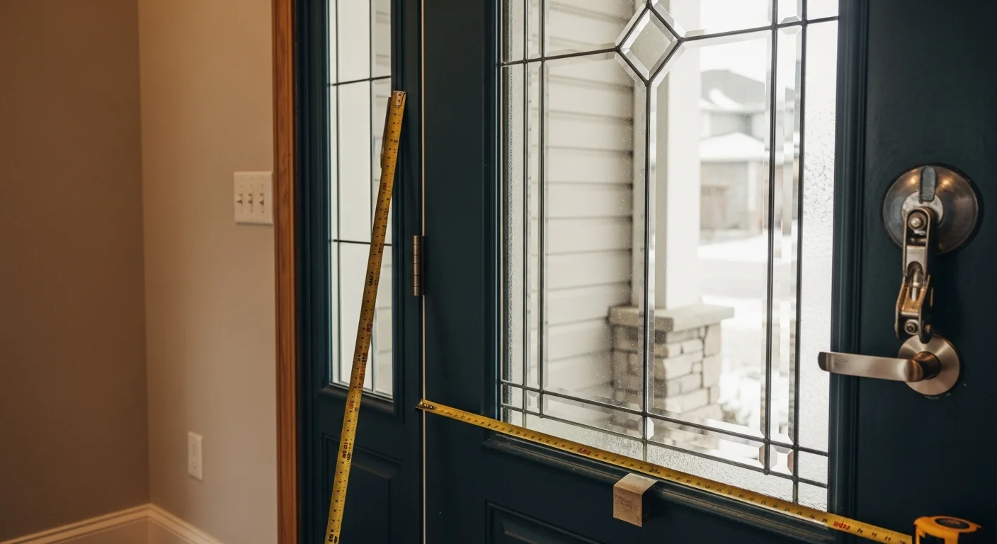 A residential entry door with newly installed clear and frosted glass panels on a single-family home in Utah County, Utah. The door glass is cleanly fitted with tight seals visible along the frame edges.