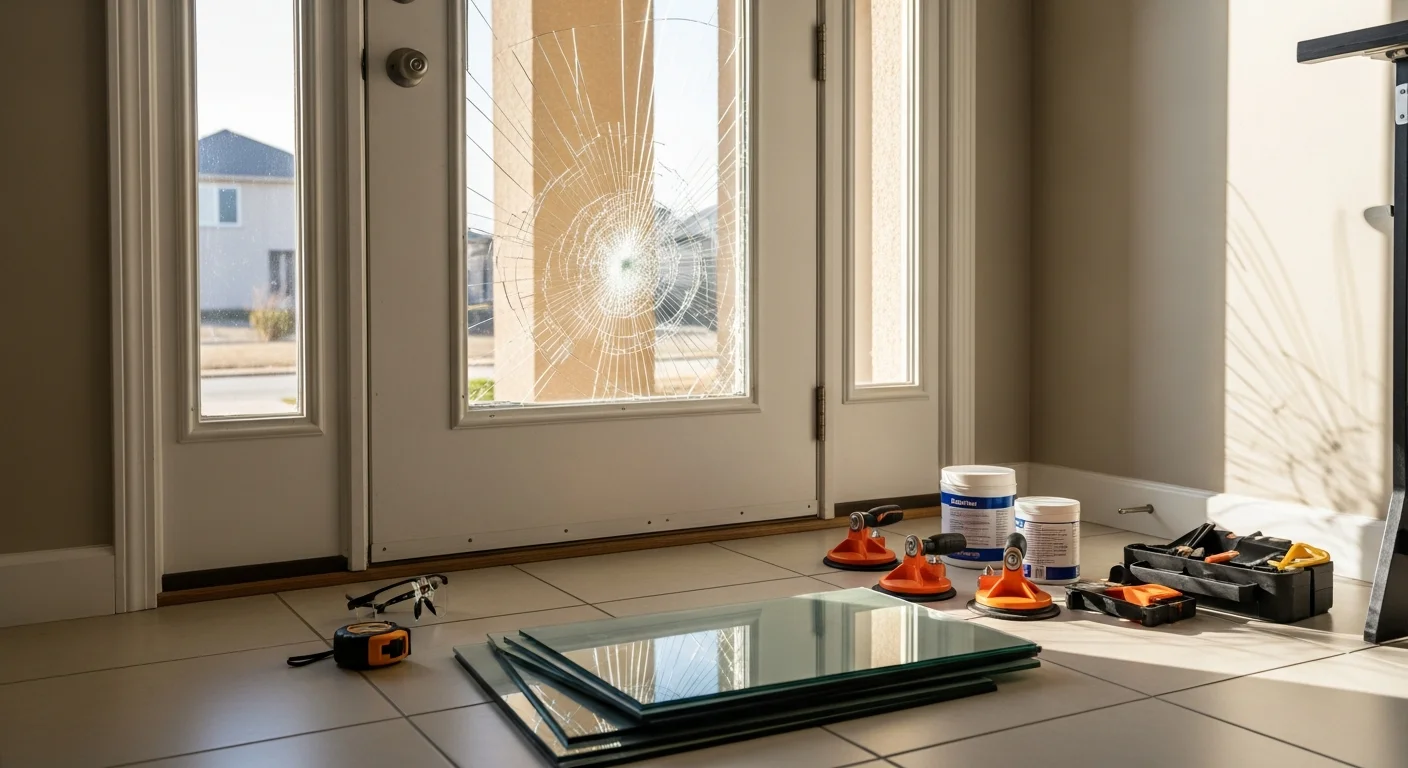 A Utah County residential home window after professional glass repair, showing a clear, fog-free double-pane unit with no visible cracks or seal damage. A Glass Images & Creations technician inspects the finished repair from outside the home.