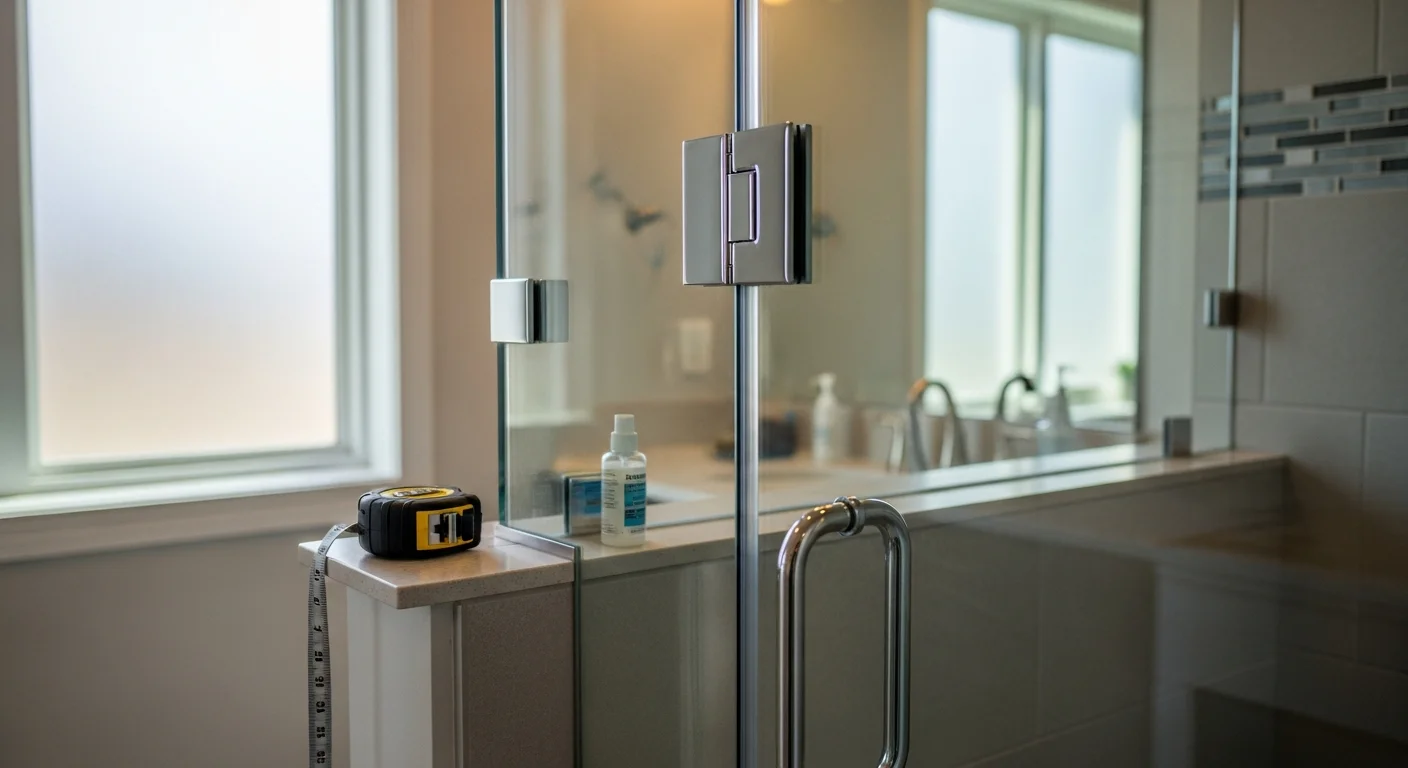 A frameless glass shower door installed in a Utah County bathroom, showing clear glass panels, polished hardware, and a tiled shower surround. The door is fully closed and aligned flush with the surrounding tile walls.