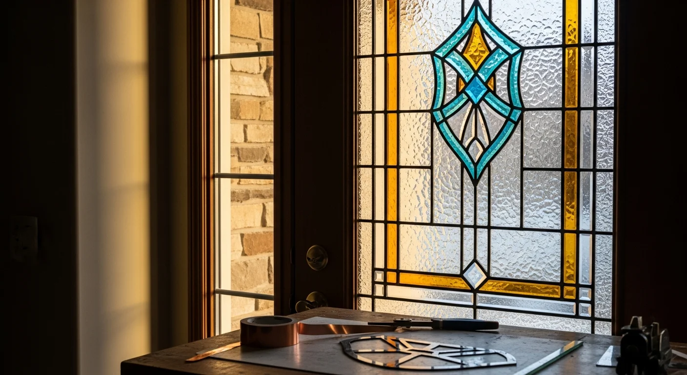 A custom stained glass window installed in the entryway of a Utah County home, featuring hand-cut colored glass panels set in a leaded frame. Natural light passes through the design, casting color across the interior foyer floor.