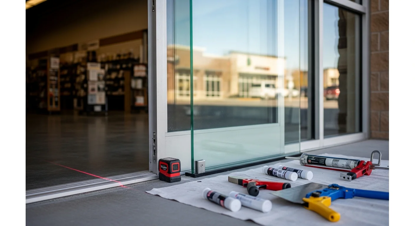 A completed commercial storefront installation on a Utah County retail building, featuring aluminum-framed glass panels and a glass entrance door. The glazing is clear and flush-fitted, with the surrounding commercial strip visible in the background.