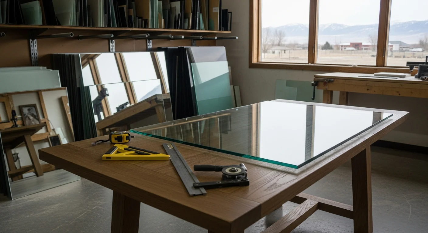 A custom-cut clear glass tabletop installed over a wood dining table base in a Utah County home interior. The polished edges and flat surface reflect natural light while keeping the wood grain fully visible beneath.