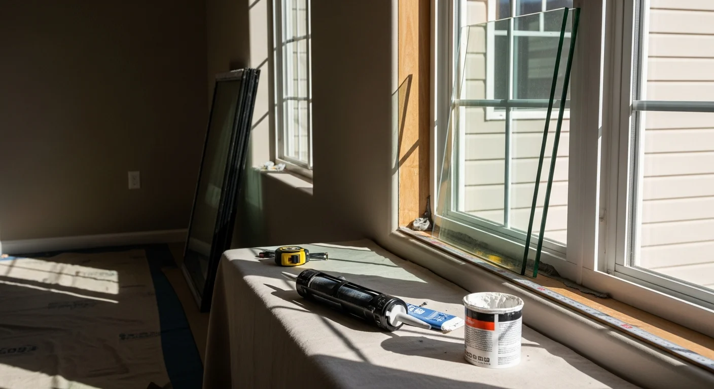 A Utah County residential home with newly replaced clear window glass installed in a double-hung frame, showing no fogging or cracks against a backdrop of the Wasatch Mountain range. A Glass Images & Creations technician measures a window opening on the exterior of a stucco-finished home in Utah County.